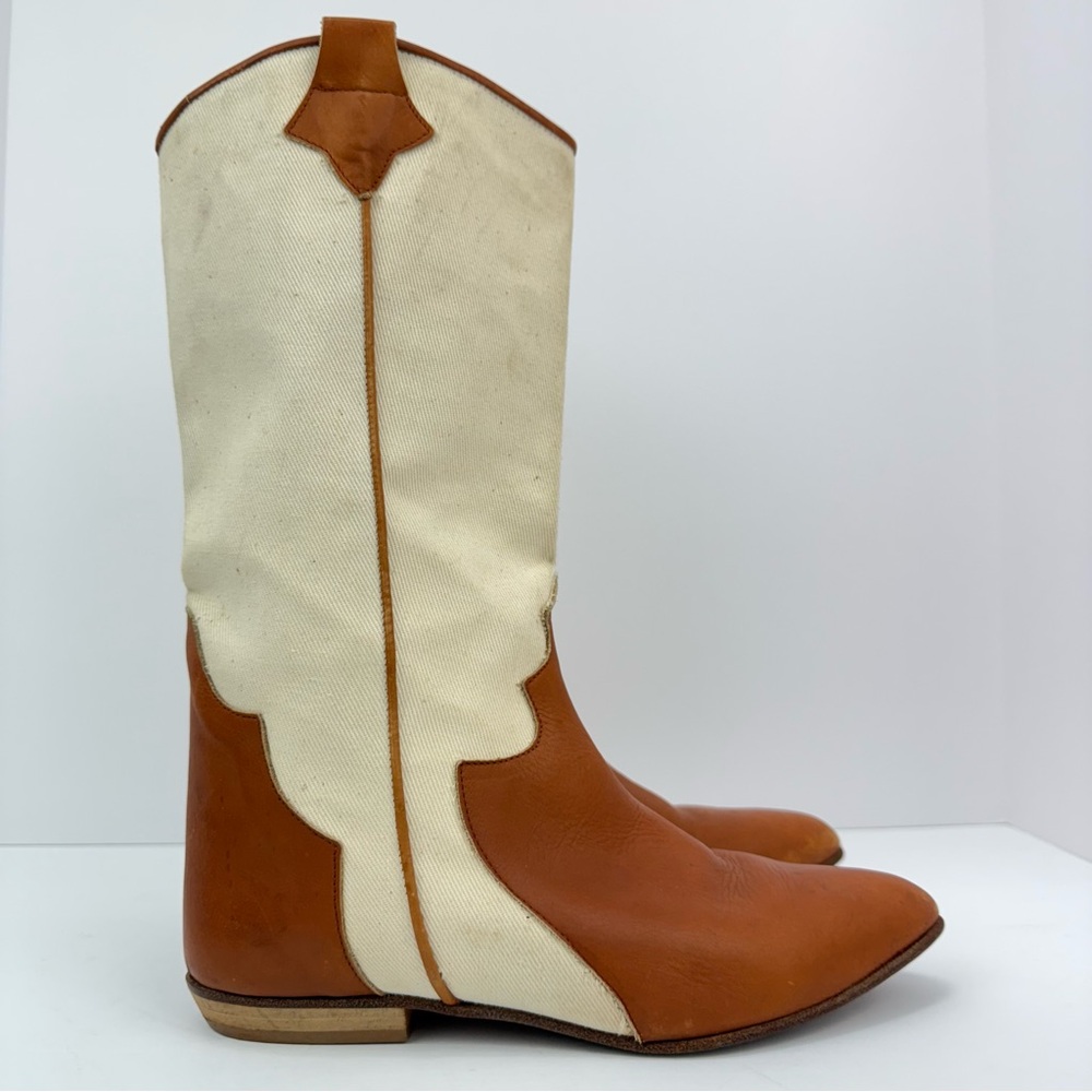 Vtg Seychelles size 6.5 Women’s Brown White Leather Canvas Cowgirl Western Boots
